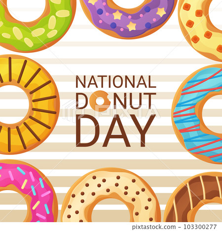 National Donut Day banner. 2 june. Can be used for posters or social media post cover. Stock vector illustion in flat cartoon style. National Donut Day banner. 2 june. Can be used for posters or social media post cover. Stock vector illustion in flat cartoon style. 103300277