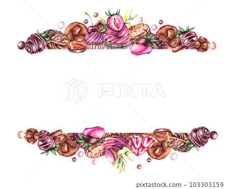 Watercolor frame of desserts, cupcakes, sweets, strawberries in chocolate and coffee on a white background Watercolor frame of desserts, cupcakes, sweets, strawberries in chocolate and coffee on a white background 103303159
