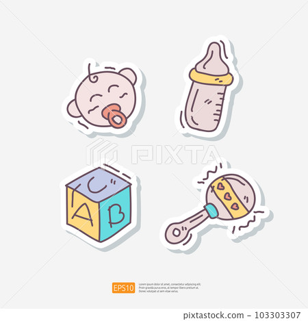 Baby and Kids Toys Sticker Doodle Icon Set. Newborn, Milk Bottle, Alphabet Box, Maracas. Baby Care Items Vector Illustration Baby and Kids Toys Sticker Doodle Icon Set. Newborn, Milk Bottle, Alphabet Box, Maracas. Baby Care Items Vector Illustration 103303307