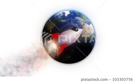 3D Render Rocket Jet And Big Blue Earth Planet Background On Galaxy Space Star Field 3D Illustration 103303756