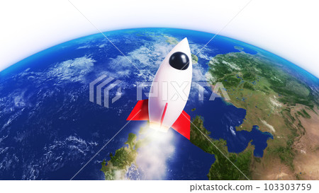 3D Render Rocket Jet Fly into Galaxy Space Star Field And Close Up Big Earth Planet 3D Illustration Background 103303759
