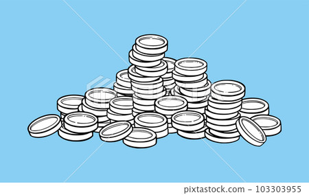 Coin pile with coin tower. Bank gold or silver currency. Vector illustration Coin pile with coin tower. Bank gold or silver currency. Vector illustration 103303955