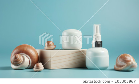 Various cosmetic products cream, gel, serum with snail mucin, Asian cosmetics. Spa and relaxation concept, natural organic 103303967