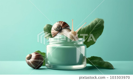 Cosmetic product with snail mucin in a glass jar, asian cosmetics, pastel blue background. Spa and relaxation concept, natural organic skin care cosmetics based on snail mucus 103303970