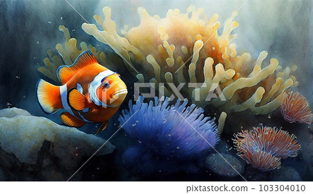 Clownfish: watercolor painting of an anemone fish swimming in a coral reef 103304010