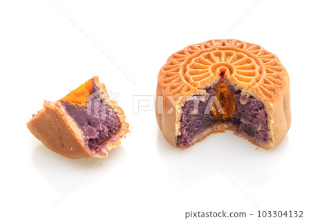 Chinese moon cake purple sweet potato and egg yolk flavour Chinese moon cake purple sweet potato and egg yolk flavour 103304132