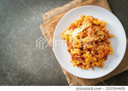 homemade macaroni bolognese with cheese homemade macaroni bolognese with cheese 103304489