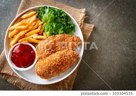 fried chicken breast fillet steak with french fries fried chicken breast fillet steak with french fries 103304535