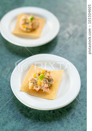 salmon with fruits salad sauce on cracker salmon with fruits salad sauce on cracker 103304605
