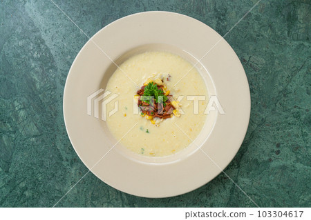 corn soup with crispy bacon corn soup with crispy bacon 103304617