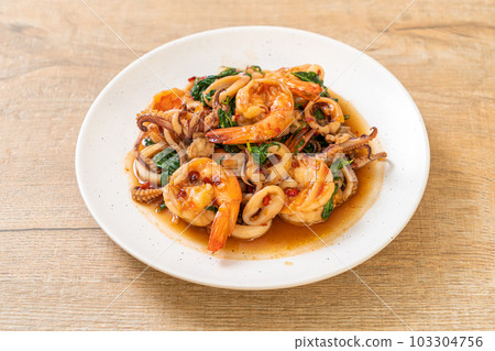 stir-fried seafood with Thai basil stir-fried seafood with Thai basil 103304756