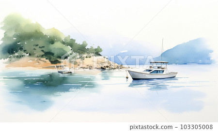 陽光明媚的日子裡，一艘遊艇漂浮在瀨戶內海的水彩畫 103305008