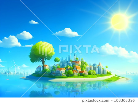 充滿自然、大海和陽光的可持續城市景觀(AI 圖像) 充滿自然、大海和陽光的可持續城市景觀(AI 圖像) 103305356