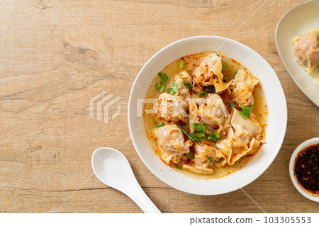 pork wonton soup or pork dumplings soup with roasted chili 103305553