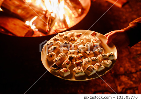 Marshmellows with Halloween pictures over fire. Funny leisure on traditional spooky holiday for children and families. Marshmellows with Halloween pictures over fire. Funny leisure on traditional spooky holiday for children and families. 103305776