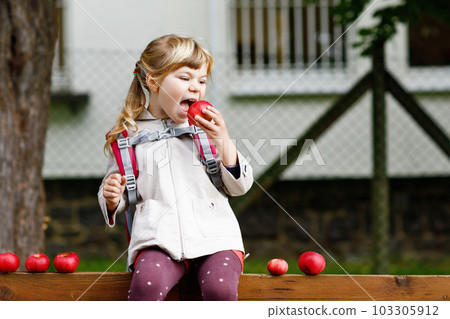 Little cute girl eat red ripe apple. Happy smiling preschool child with satchel holding fresh bio fruits. Apples from harvest. 103305912