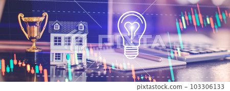 concept of falling real estate market, Low housing prices. Low rent, cost reduction concept of falling real estate market, Low housing prices. Low rent, cost reduction 103306133