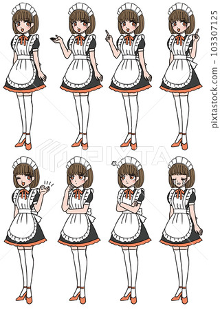 棕色頭髮的女僕,胸前繫著橙色的緞帶,有 8 個不同的表情。 棕色頭髮的女僕,胸前繫著橙色的緞帶,有 8 個不同的表情。 103307125