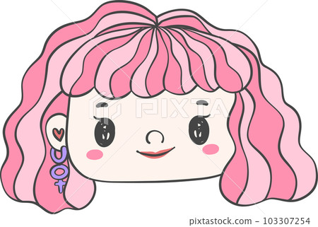 Cute girl happy strong face with colourful fashion hair cartoon character hand drawing doodle outline 103307254