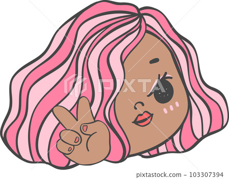 Cute girl happy face with two finger victory gesture cartoon character hand drawing doodle outline 103307394