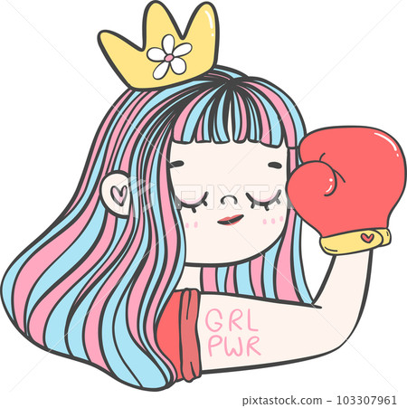 Cute girl strong face with boxing glove cartoon character hand drawing doodle outline 103307961