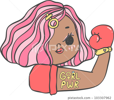 Cute girl strong face with boxing glove cartoon character hand drawing doodle outline Cute girl strong face with boxing glove cartoon character hand drawing doodle outline 103307962