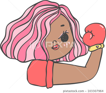 Cute girl strong face with boxing glove cartoon character hand drawing doodle outline 103307964