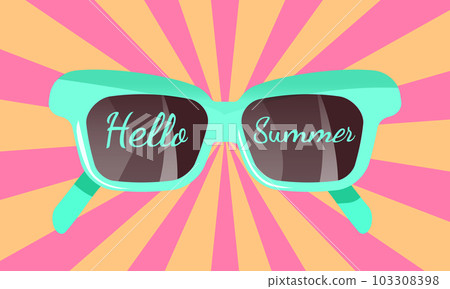 Banner with blue sun glasses with text Hello, Summer. Vintage background with lines 103308398