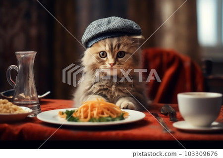 Cute kitten sits in a restaurant with a plate of spaghetti. Generative AI Cute kitten sits in a restaurant with a plate of spaghetti. Generative AI 103309676