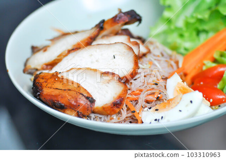 noodles, Chinese egg noodles or Chinese noodles with grilled chicken 103310963