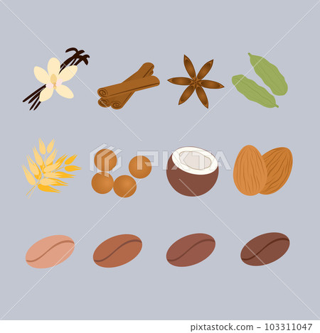 Set of vegan milk coffee ingredients.  103311047