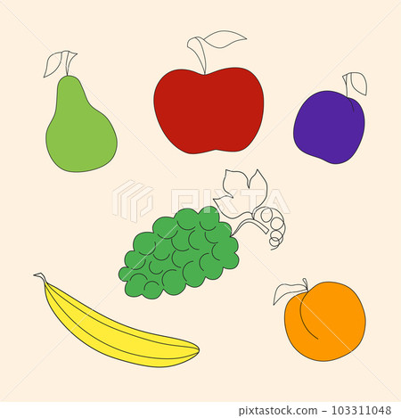 Set fruits, pear, apple, plum, grapes, banana, apricot 103311048