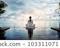 一位在熱帶海濱甲板上冥想的女士生成了 AI 103311071