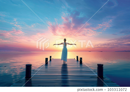 A woman who spreads her hands on the pier and feels the wind, generated AI 103311072