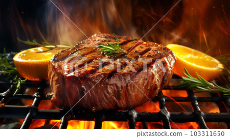 Beef steak sizzling on the grill flame, Generated AI Beef steak sizzling on the grill flame, Generated AI 103311650