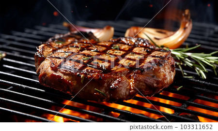 Beef steak sizzling on the grill flame, Generated AI 103311652