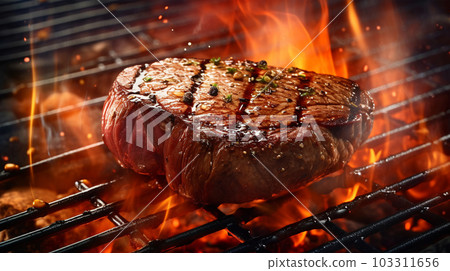 Beef steak sizzling on the grill flame, Generated AI 103311656