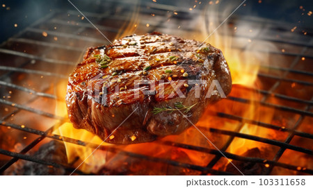 Beef steak sizzling on the grill flame, Generated AI 103311658