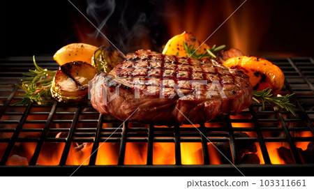 Beef steak sizzling on the grill flame, Generated AI Beef steak sizzling on the grill flame, Generated AI 103311661