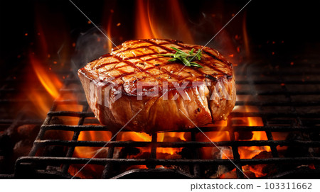 Beef steak sizzling on the grill flame, Generated AI Beef steak sizzling on the grill flame, Generated AI 103311662
