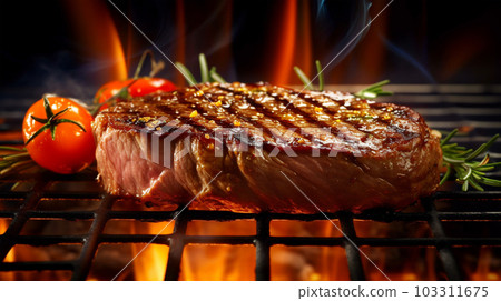 Beef steak sizzling on the grill flame, Generated AI 103311675