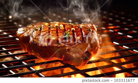 Beef steak sizzling on the grill flame, Generated AI 103311677