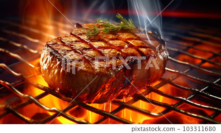Beef steak sizzling on the grill flame, Generated AI Beef steak sizzling on the grill flame, Generated AI 103311680