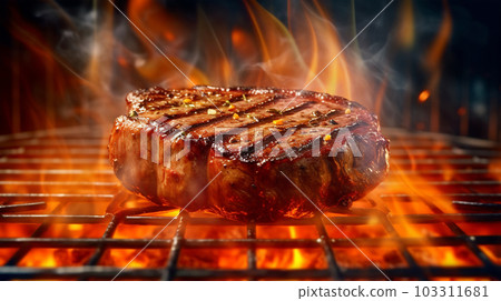 Beef steak sizzling on the grill flame, Generated AI Beef steak sizzling on the grill flame, Generated AI 103311681