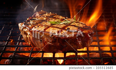 Beef steak sizzling on the grill flame, Generated AI 103311685