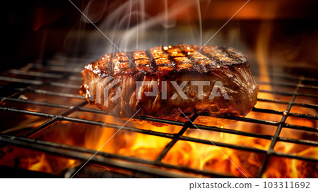 Beef steak sizzling on the grill flame, Generated AI 103311692