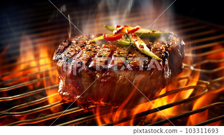 Beef steak sizzling on the grill flame, Generated AI 103311693