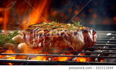Beef steak sizzling on the grill flame, Generated AI Beef steak sizzling on the grill flame, Generated AI 103311694