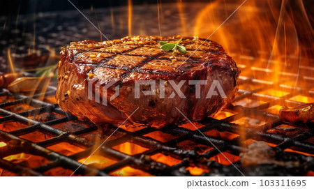 Beef steak sizzling on the grill flame, Generated AI 103311695
