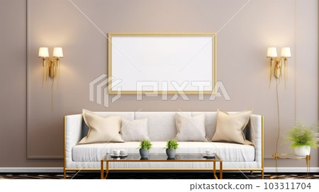 Interior design of a living room with a sofa, a painting and lamps, Generated AI 103311704